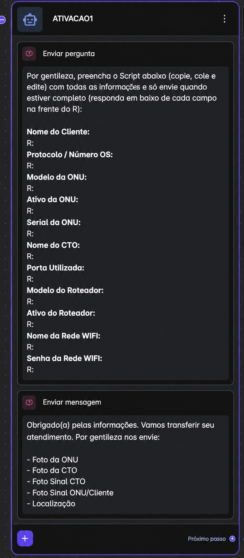 Print do fluxo otimizado com script consolidado em uma mensagem